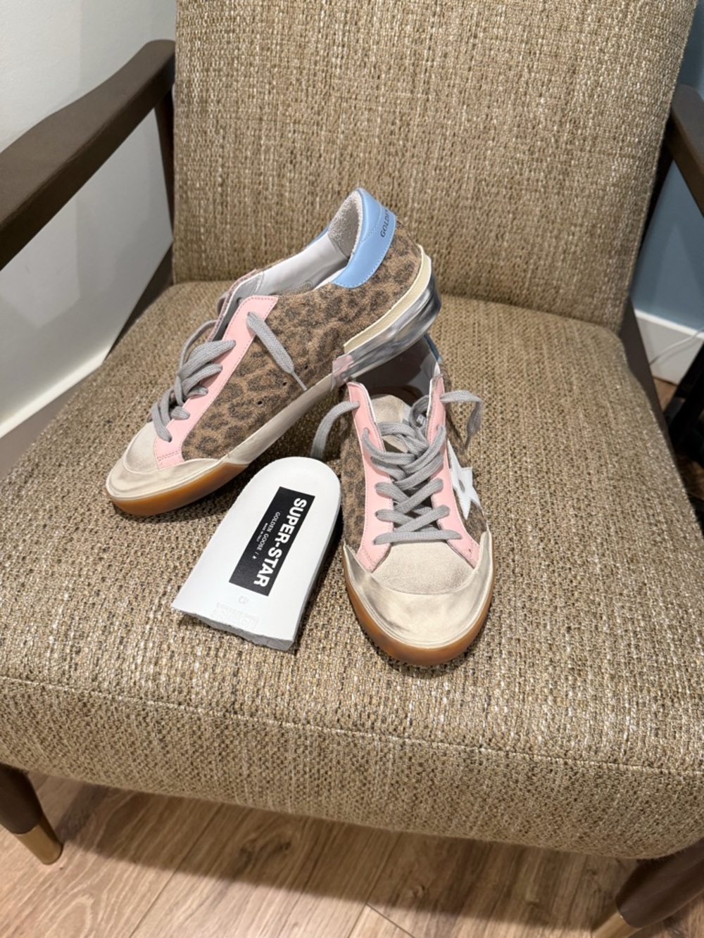 Golden Goose Leopard Print Sneakers with Pink and Blue Accents Superstar